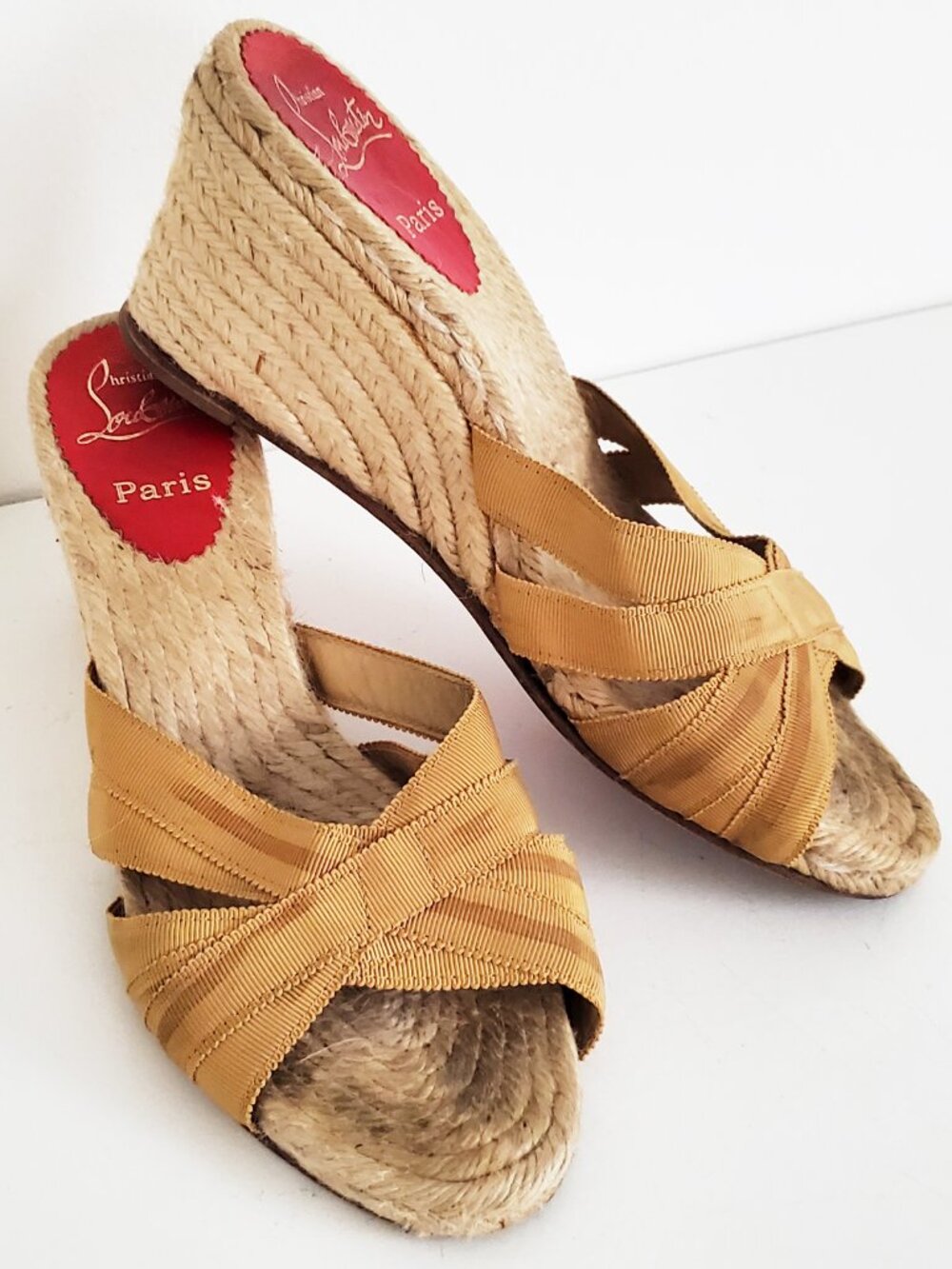 Christian Louboutin Espadrille Wedge Mule Sandal Grograin Mustard Yellow Size 39